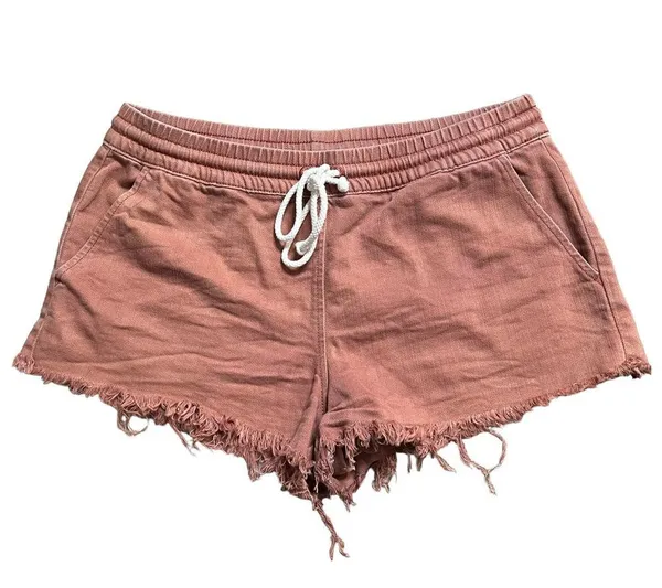 Rust Brown Elastic Waist Raw Hem Drawstring Pull On Shorts Size Small 4338 - Image 2
