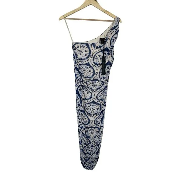 NWT House of Harlow 1960 Damask One Shoulder Midi Dress Blue Cream Ruched Size S - Image 2