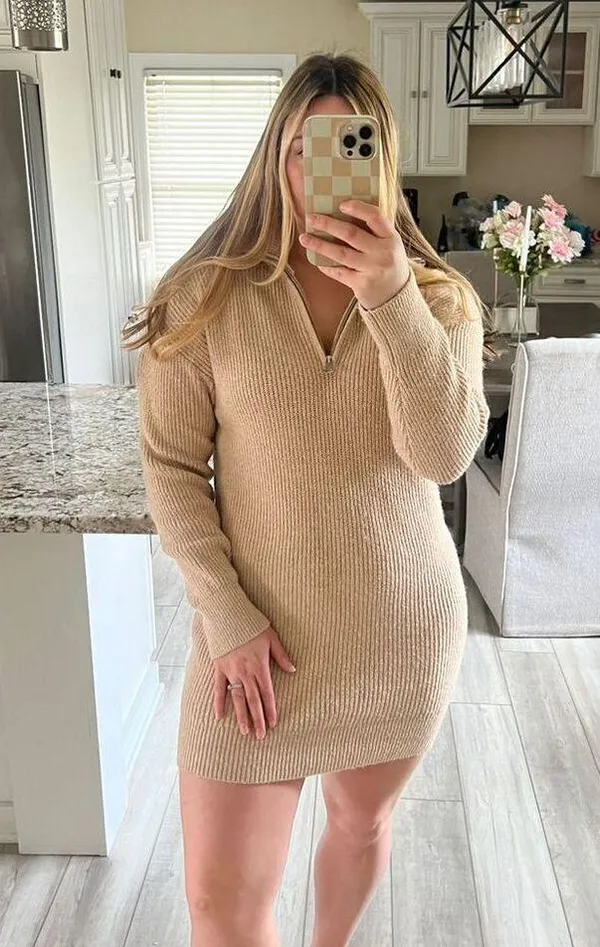 Old Navy Beige Quarter Zip Sweater Dress Long Sleeve Mini Women's S - Image 2