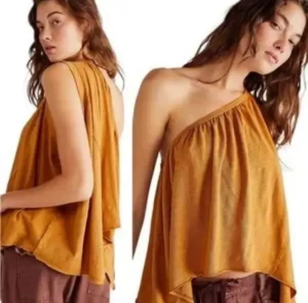 We The Free Free People Pleated Spring Break One Shoulder Top Rust Brown NWOT M - Image 2