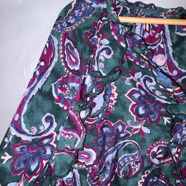 Talbots Womens Large Paisley Ruffle V-Neck Blouse Green Purple Long Sleeve Top - Image 5