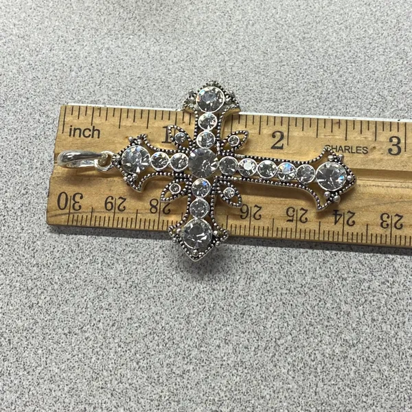 Silver Tone Cross Rhinestone Ornate Pendant Necklace Statement Religious Faith - Image 7
