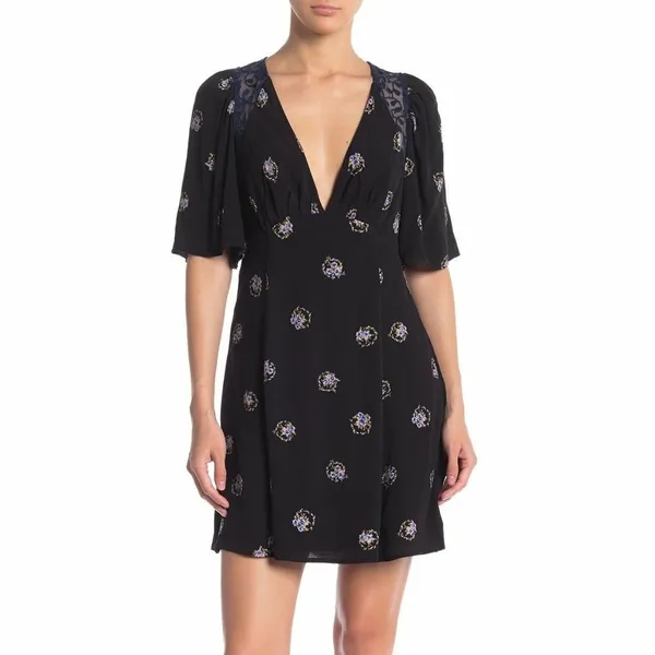 Free People Mockingbird Black Floral Deep V-Neck Open-Back Lace Mini Dress Sz 2 - Image 12
