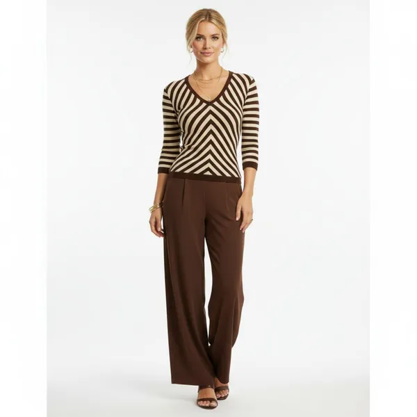 Rene Lezard Brown & Tan Chevron Striped V Neck Long Sleeve Knit Shirt Top XS - Image 6