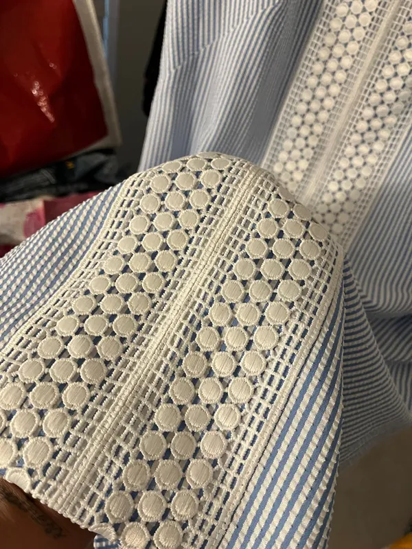 London Times Blue & White Striped Seersucker Dress with Crochet Panel - Image 5