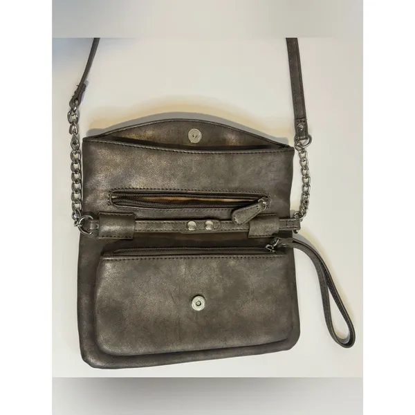 Nine West Silver Gray Fold-Over Crossbody Bag with Silver Chain Strap - Image 4