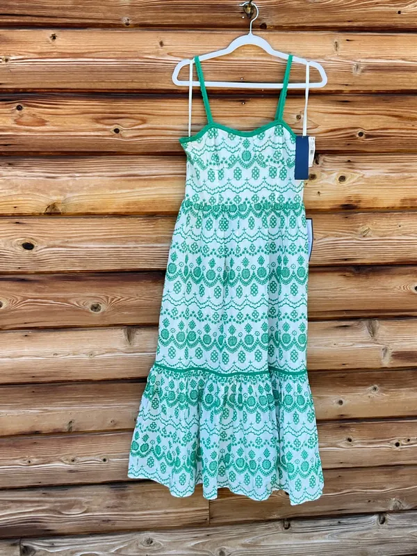 Adrianna Papell White Green Size 6 Cotton Eyelet Ruffle Midi Dress Party Picnic - Image 7