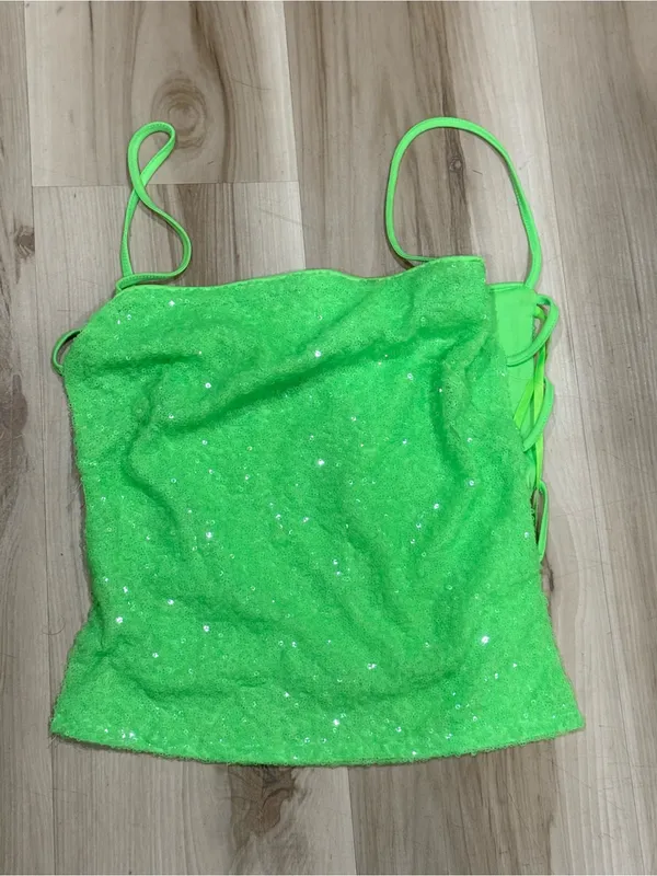 Superdown Kait Lime Green Sequin Cutout Camo Tank Top Women’s Small - Image 3