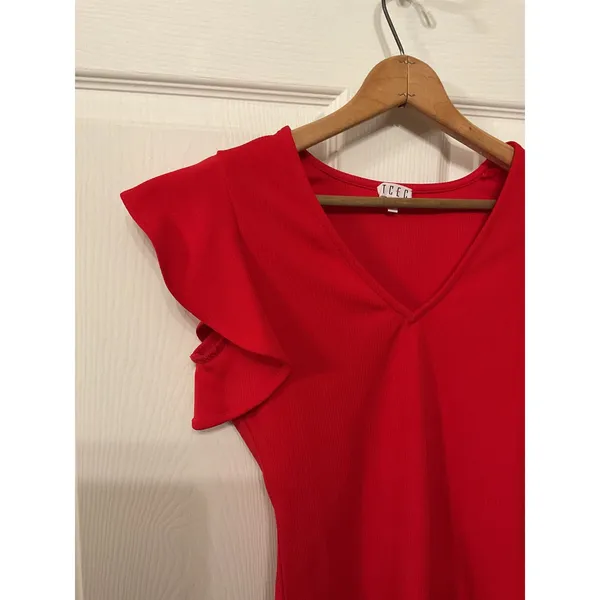 TCEC Women's Red Flutter Sleeve Bodysuit V Neck Romantic Feminine Top, M - Image 2
