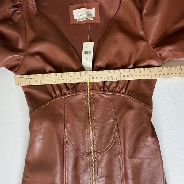 NWT By Anthropologie Vegan Leather Puff Sleeve Zip Front Midi Dress Size 2 Brown - Image 10