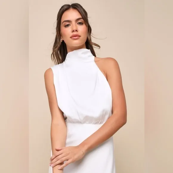 NEW LULUS Distinctive Charm White Satin Asymmetrical Midi Dress SZ XS - Image 7