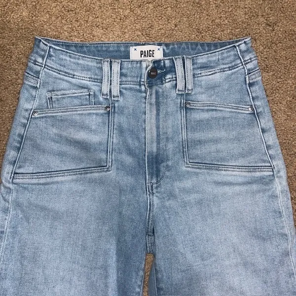 Paige Anessa Wide Leg Jeans High Rise‎ Patch Pocket Raw Hem Shooting Star 27 - Image 4