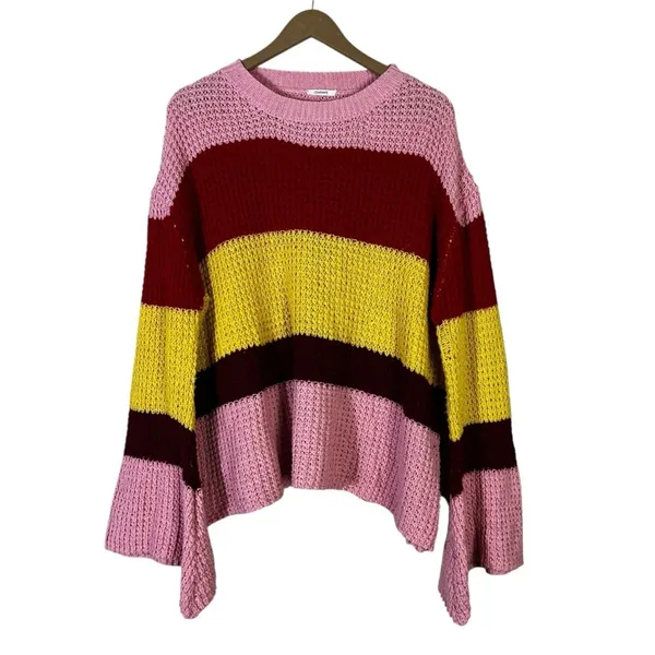 Cloudwalk Bell Sleeve Striped Knit Sweater Pink Red Yellow Boho Slouchy Size M - Image 5