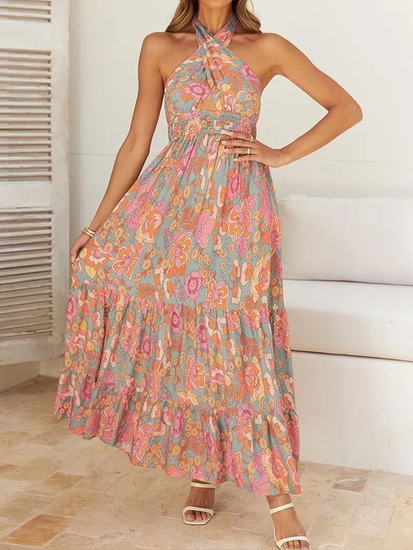 ZESICA Boho Retro Floral Halter Maxi Dress Pink Orange Tiered Sun Dress Large - Image 2