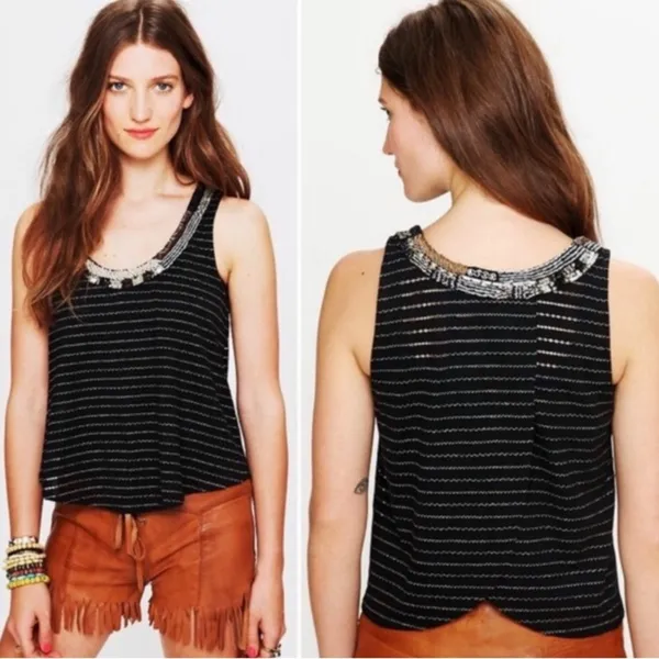 Free People Aztec Louie Beaded Split Back Tank Top Black Boho Festival Y2K Indie - Image 11
