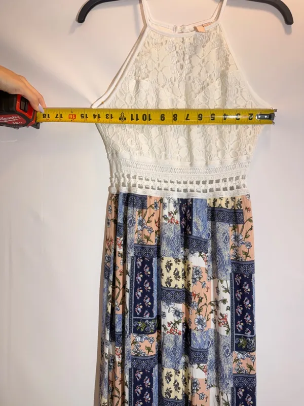 Boho Patchwork Floral Lace Halter Tie Waist Flowy Maxi Dress Size M - Image 6
