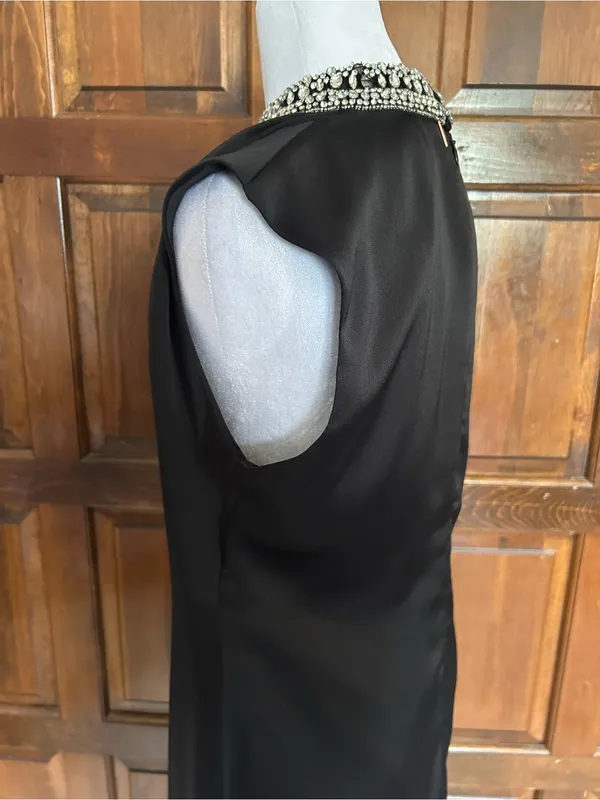 MISA Los Angeles Kira Black‎ Satin Midi Dress Crystal Embellished Neck Medium - Image 5