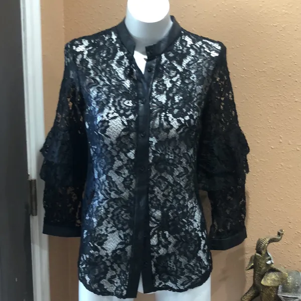 Zara basic black lace button up blouse - Image 3
