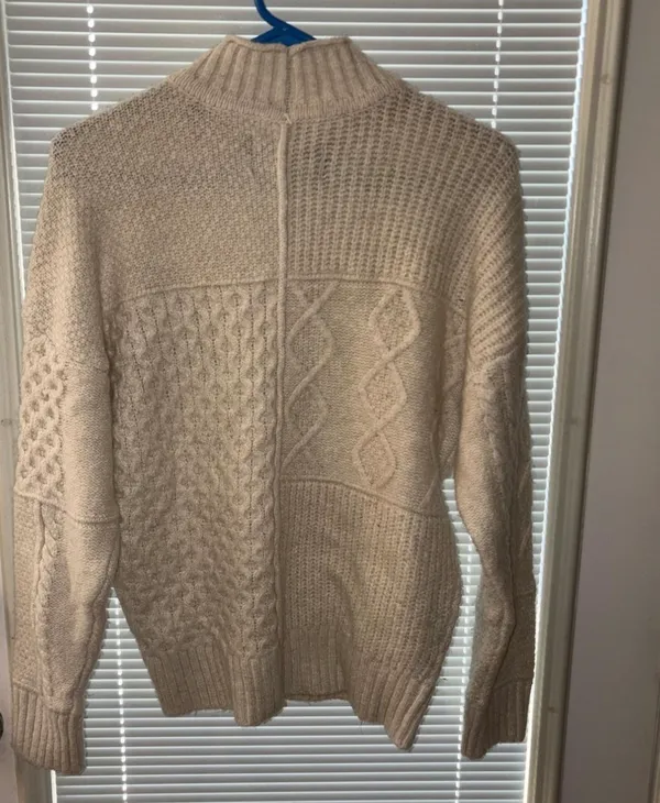 American Eagle Patchwork Cable Knit Ribbed Mock Pullover Sweater in cream- XS petite cream, patchwork, cable knit, ribbed, mock neck, cozy, textured, oversized, retro, casual - Image 2