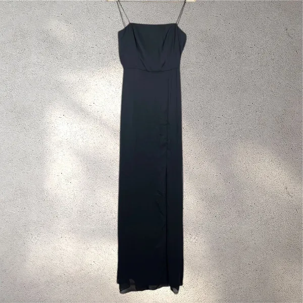 Dessy Collection Square Neck Chiffon Dress Size 2 Black Tie Back Bow Side Slit - Image 3