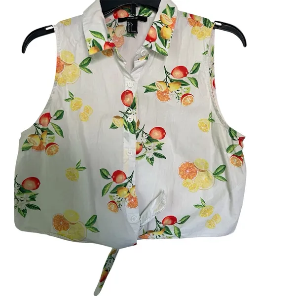 Forever 21 White Tropical Fruit Print Crop Top Sleeveless Button Tank Sz Large - Image 2