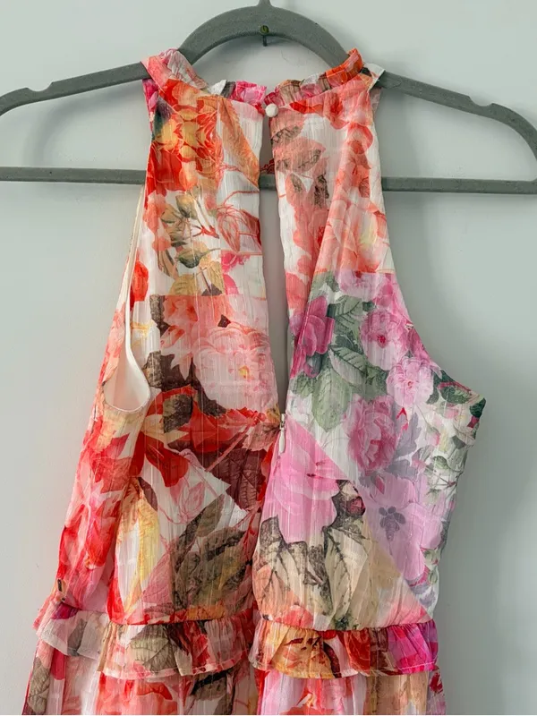 Vince Camuto Pink White Sleeveless Floral Chiffon Ruffle Tiered Midi Dress 6 - Image 5