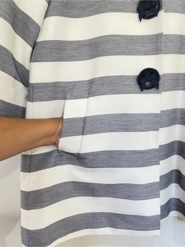 KATE SPADE Ivy Car Coat S Cream Navy Soda Fountain Stripe Bow Buttons - Image 6