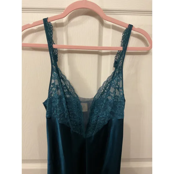 Vintage Victoria’s Secret Gold Label Satin Lace Teal Slip Side Slit Gown, M - Image 2