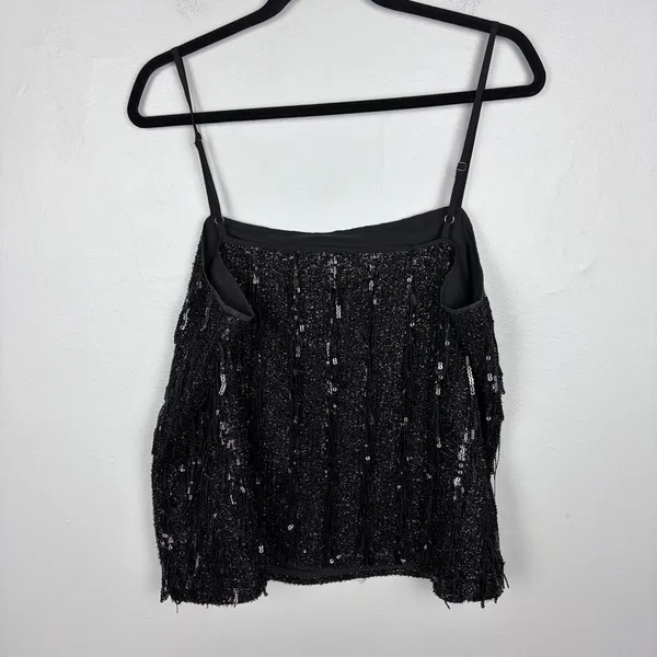 Loft Sequin Fringe Square Neck Cami Black Party Top‎ Evening Glam Size Large - Image 6