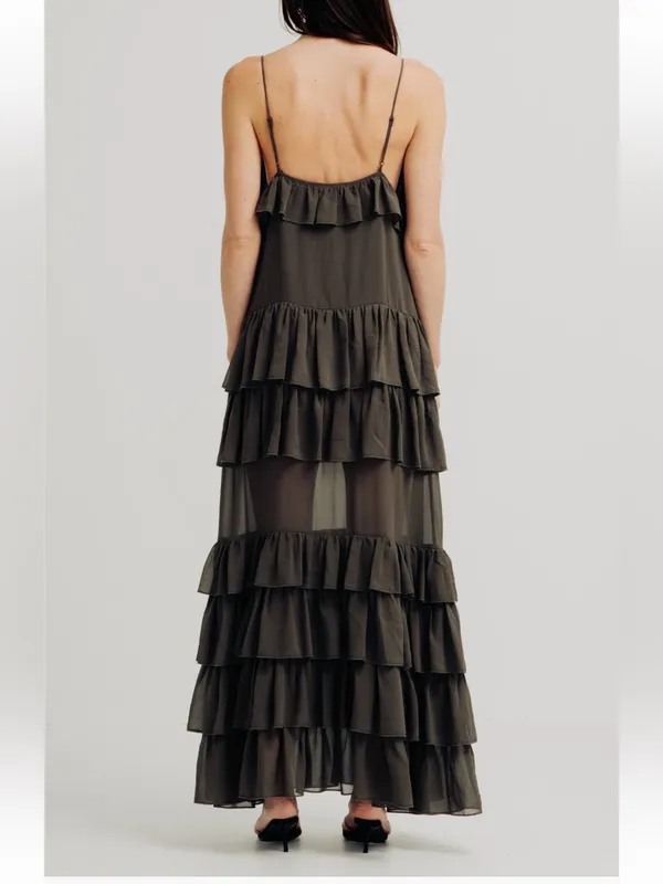 TORN BY RONNY KOBO Orcadia Tiered Ruffle Maxi Dress Dark Gray Size M NEW - Image 2