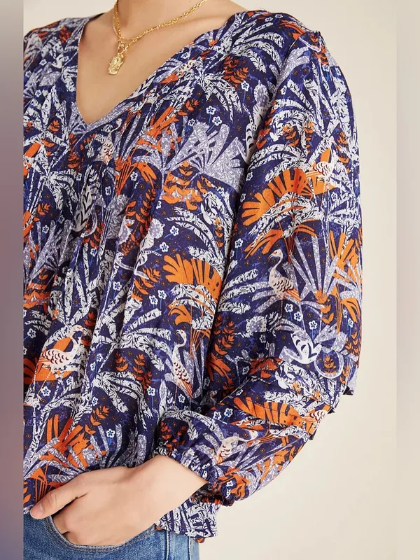 Anthropologie Maeve Cathy Pleated Blouse Boho Peasant Botanical Floral V-neck M - Image 15