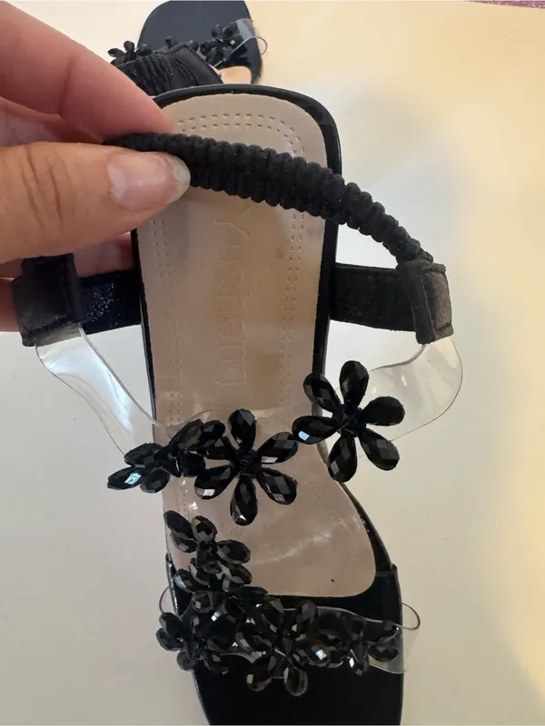 Black Floral Embellished Clear Block Heel Sandals - Image 7