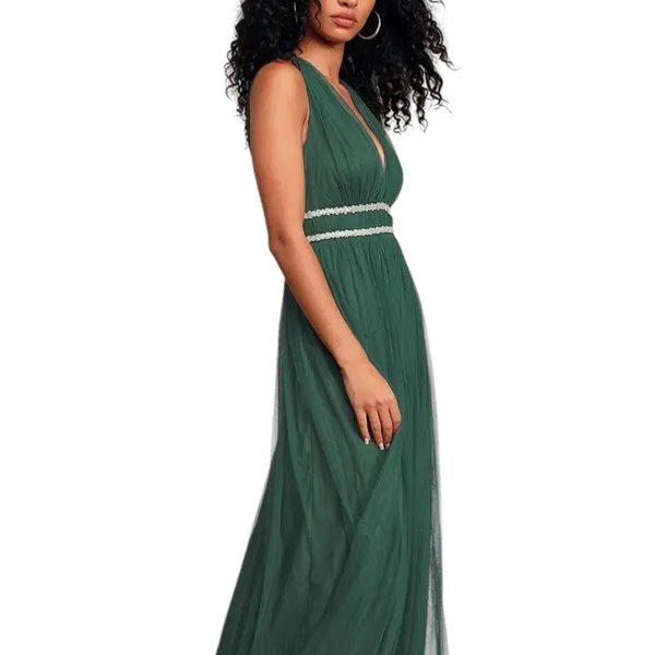 Lulus New Delightful Occasion Emerald Green Beaded Tulle Maxi NYE Dress Gown - Image 3