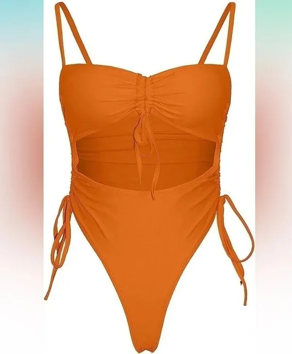 Haloon Womens Ruched Spaghetti Strap Cutout High Leg One Piece Swimsuit Swimwear - Image 2