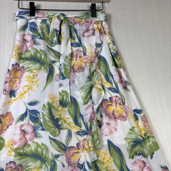 Tropical Floral Ruffle High Low‎ Maxi Skirt White Pink Green Hibiscus Wrap Style - Image 4