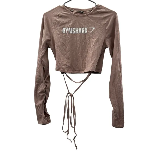 Gymshark Pink Beige Cropped Ruched Tie Up Ribbon Long Sleeve Top‎ Size M - Image 3