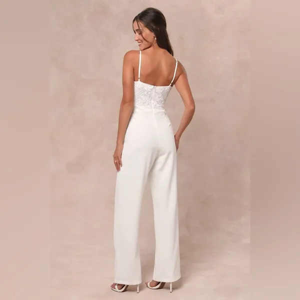 LULU’S Memorable Occasion White Beaded Sequin Wide-Leg Jumpsuit - Image 3