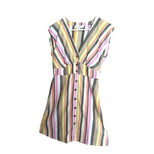 LOFT Multicolor Vertical Striped Button Front V-Neck Summer Dress 4 Petite - Image 2