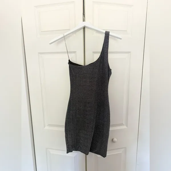 Meshki Scarlett Shimmer Dress Dark Silver Glitter One Shoulder Mini Size Small - Image 2