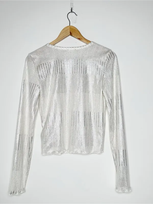 Pilcro Anthropologie Andie Silver Shimmer Ribbed Cardigan Sweater Size M - Image 8