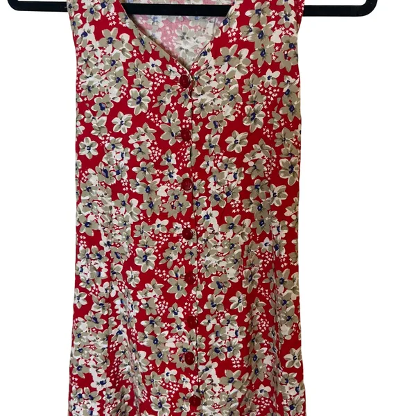 Vintage 90s Toyjours Floral Maxi Dress M Red Rayon Button Front Tie Back - Image 2