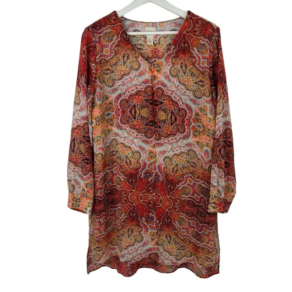 Chico's Size 1 US M 8 Long Paisley Top Long Sleeve Layered Scoop Neck Tie Front - Image 3