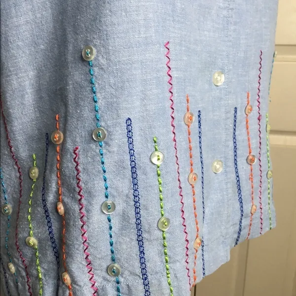 Vintage Bechamel Blue Linen Buttons Embroidery Shirt Medium Top - Image 7