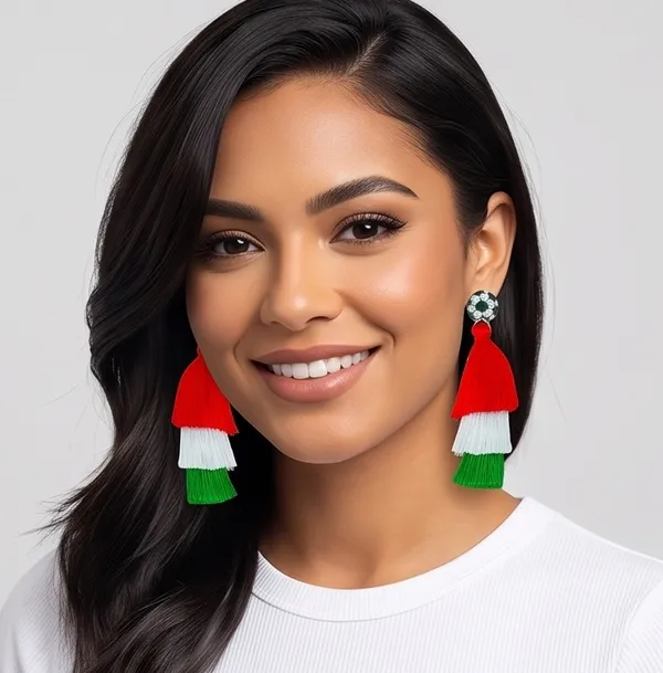 Boutique NEW Italy Flag Soccer Tassel Dangle Earrings with Red White and Green Fringe - Image 6