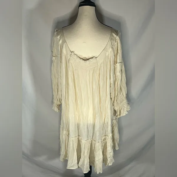 Free People Ivory Voile & Lace Tunic Mini Dress Cream Boho Smocked Medium - Image 4