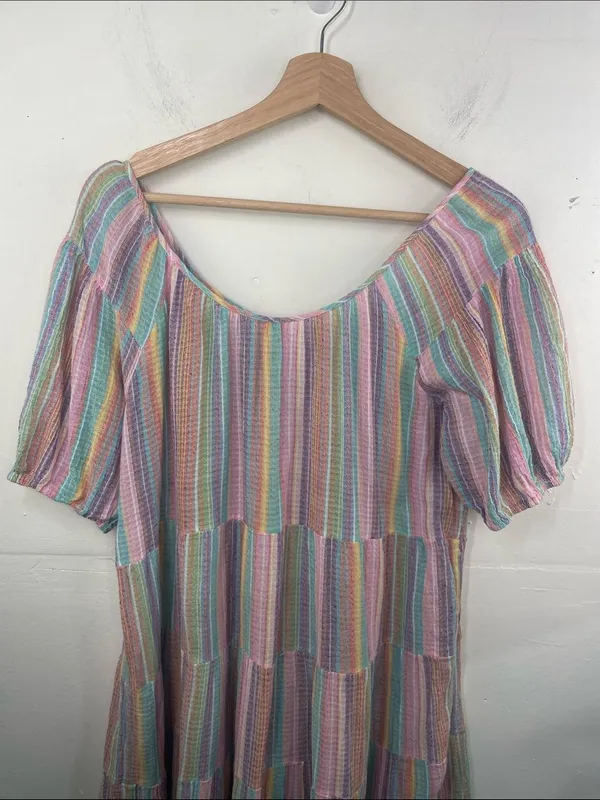 J. Crew Original Beach Wear Pastel Multicolor Striped Tiered below knee Dress - Image 9