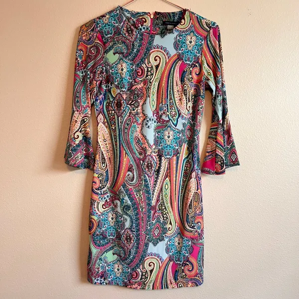 Tommy Hilfiger Dress 2 Multi Paisley Bell Sleeve Sheath Boho Modern Classic - Image 4