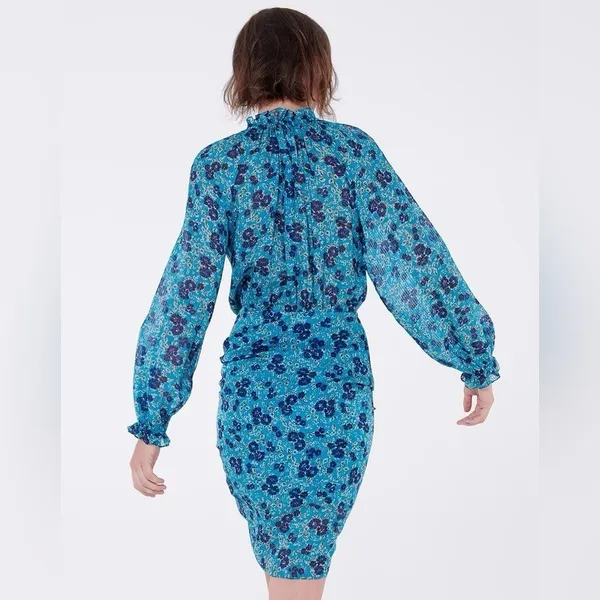 Veronica Beard Becky Ruched Silk Mini Dress in‎ Turquoise Floral Size 2 - Image 3