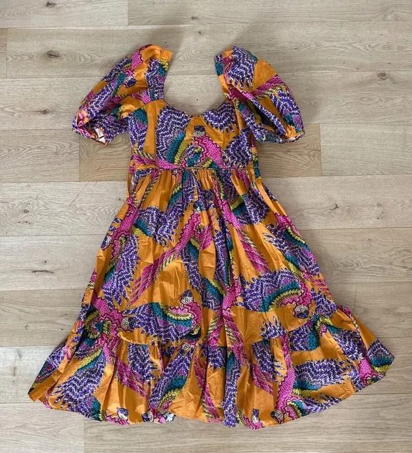Farm Rio - Macaw Print Puff Sleeve Dress in Orange & Purple Multi - Image 4