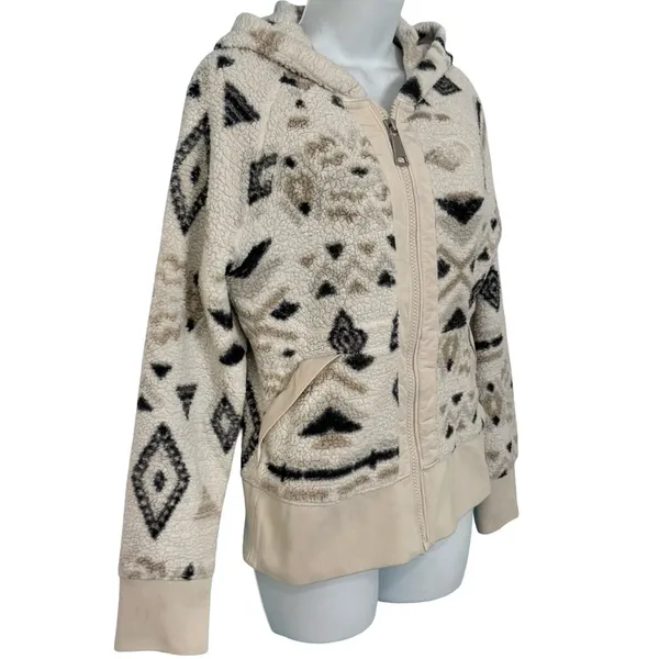 North Face Cream Black Aztec Pattern Fleece Full Zip Hoodie Jacket Women's sz S - Image 14